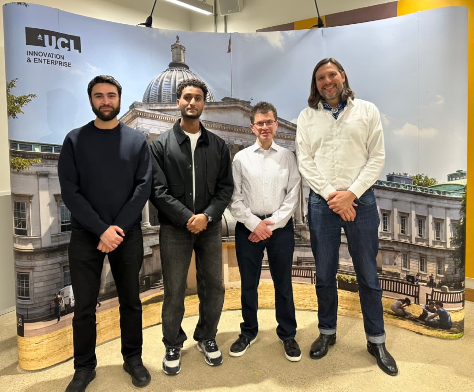 Ahmad and Hashir with Warrick Harniess and Mario Moustras after UCL Venture Builder